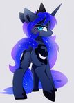  2017 anus blue_eyes butt cosmic_hair crown cutie_mark digital_media_(artwork) dock equine eyelashes fangs feathered_wings feathers female feral friendship_is_magic glowing glowing_eyes hi_res hooves horn inner_ear_fluff looking_at_viewer looking_back magnaluna mammal my_little_pony nude princess_luna_(mlp) pussy pussy_juice rear_view simple_background white_background winged_unicorn wings 