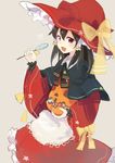  :d alternate_costume bangs black_hair black_neckwear blush bow brown_eyes candy capelet cosplay eyebrows_visible_through_hair fang food grey_background hair_between_eyes hair_tubes hakurei_reimu hat hat_bow holding jack-o'-lantern kirisame_marisa kirisame_marisa_(cosplay) lollipop long_sleeves looking_at_viewer open_mouth red_hat sidelocks simple_background smile solo star swirl_lollipop touhou wide_sleeves witch_hat yellow_bow yosu 