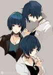  bangs blue_hair blunt_bangs brown_eyes collage collar jacket jewelry labcoat leather leather_jacket multiple_views nail_polish necklace nineo persona persona_5 short_hair studded_collar takemi_tae upper_body 