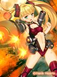  :d blonde_hair breasts cleavage eyebrows_visible_through_hair floating_hair green_eyes leotard long_hair looking_at_viewer mecha_musume midriff navel open_mouth red_legwear revealing_clothes small_breasts smile solo standing stomach thighhighs twintails very_long_hair weapon_girls yangsion 