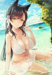  absurdres animal_ears arm_support atago_(azur_lane) azur_lane bangs bare_legs bare_shoulders bikini blue_sky breasts brown_hair choker cleavage collarbone commentary_request day dutch_angle extra_ears eyebrows_visible_through_hair flower hair_flower hair_ornament hand_up heart highres horizon huge_breasts long_hair looking_at_viewer mole mole_under_eye nail_polish navel ocean outdoors parted_lips peppe petals pink_nails sarong see-through shallow_water side-tie_bikini sitting sky smile solo stomach swept_bangs swimsuit water white_bikini white_neckwear yellow_eyes 