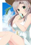  alternate_costume bare_shoulders blue_sky breasts cleavage cloud day dress earrings food green_eyes grey_hair hat highres holding holding_food ice_cream jewelry kadzuki_kan kantai_collection kinugasa_(kantai_collection) large_breasts long_hair looking_at_viewer sky sleeveless smile solo straw_hat white_dress 