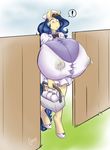  2017 anthro big_breasts blue_hair bow_tie breasts chango-tan clothing dress equine fan_character female fence freckles hair hat horse huge_breasts hyper hyper_breasts lactating mammal milk milk_bottle milky_way_(character) my_little_pony nipple_bulge pony skirt solo stuck 