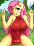  2019 absurd_res clothed clothing digital_media_(artwork) equine female fluttershy_(mlp) friendship_is_magic hi_res looking_at_viewer male male/female mammal my_little_pony outside solo twistedscarlett60 v_sign 