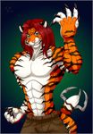  anthro claws clothing feline green_eyes grin hair male mammal muscular pants red_hair silvergrin smile stripes tiger 