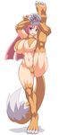  abs animal_ears blush_stickers breasts cat_ears commentary_request disgaea fang feet flexible full_body fur highres huge_breasts jadf kneepits long_hair looking_at_viewer makai_senki_disgaea muscle muscular_female nekomata_(disgaea) oversized_limbs paws pink_hair purple_eyes smile soles solo standing standing_on_one_leg tail thick_thighs thighs tiptoes white_background 