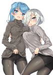  alternate_costume asymmetrical_docking bangs blue_eyes blue_hair blush breast_press breasts clothes_lift cowboy_shot double_bun ebifurya eyebrows_visible_through_hair grey_sweater gusset hair_ornament hair_over_one_eye hairclip hamakaze_(kantai_collection) highres hug kantai_collection lifted_by_self long_sleeves looking_at_viewer medium_breasts multiple_girls no_pants open_mouth pantyhose short_hair silver_hair simple_background smile sweater sweater_lift urakaze_(kantai_collection) white_background 