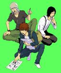  annoyed bag bakuman bandana black_eyes black_hair brown_hair denim fukuda_shinta green_background green_pants grey_shirt hiramaru_kazuya jacket jeans kneeling long_sleeves looking_at_another looking_away male_focus moyo_(inuchiyo) multiple_boys nervous open_mouth pages pants pen pencil shirt short_hair simple_background socks suspenders sweatdrop white_hair white_shirt 