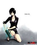  black_hair blame! blame_gakuen! breasts dress graviton_beam_emitter gun highres looking_at_viewer medium_breasts sakuma_tsukasa sanakan short_hair simple_background solo weapon 