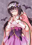  absurdres bat black_hair blush bow breasts cloak fate/grand_order fate_(series) fingerless_gloves fingers_together frilled_skirt frills glasses gloves hair_bow hairband head_tilt highres hood hood_down hooded_cloak large_breasts long_hair looking_at_viewer origami osakabe-hime_(fate/grand_order) poruporu purple-framed_eyewear purple_eyes purple_skirt skirt smile solo steepled_fingers sweatdrop very_long_hair 