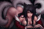 ahri all_fours animal_ears aroma_sensei ass bare_shoulders black_hair bottomless breasts brown_eyes cleavage detached_sleeves facial_mark fox_ears fox_tail highres korean_clothes large_breasts league_of_legends long_hair multiple_tails parted_lips solo tail whisker_markings 