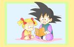  1girl :d age_difference bad_id bad_pixiv_id black_eyes black_hair blonde_hair blue_background book chinese_clothes dragon_ball dragon_ball_z dress expressionless happy marron namizou open_mouth pink_dress shadow shirt simple_background smile son_goten spiked_hair twintails yellow_shirt 