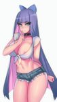  areola_slip areolae blue_eyes breasts cowboy_shot finger_to_mouth hair_ribbon hevn large_breasts long_hair looking_at_viewer midriff multicolored_hair navel no_bra open_mouth panty_&amp;_stocking_with_garterbelt ribbon shirt short_shorts shorts simple_background stocking_(psg) stomach two-tone_hair white_background 