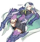  :o bangs black_skirt breasts brynhildr_(fate) eyebrows_visible_through_hair fate/prototype fate/prototype:_fragments_of_blue_and_silver fate_(series) gauntlets hair_over_one_eye knee_up large_breasts long_hair looking_at_viewer lying melon22 on_back open_mouth pleated_skirt purple_eyes purple_legwear silver_hair simple_background sketch skirt solo thighhighs tsurime w white_background 