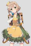  atelier_(series) atelier_escha_&amp;_logy backpack bag bangs bare_shoulders blonde_hair blunt_bangs blush collared_dress commentary_request cowboy_shot detached_sleeves dress green_dress green_eyes grey_background hand_up hat head_tilt highres holding ikeuchi_tanuma legs_apart long_sleeves looking_at_viewer lucille_ernella multicolored multicolored_clothes multicolored_dress parted_lips short_hair simple_background solo standing twitter_username yellow_dress 