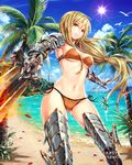  armor armored_boots ass_visible_through_thighs bikini bikini_armor bird blonde_hair blue_sky boots breasts cleavage cloud day floating_hair from_below gabiran gauntlets holding holding_sword holding_weapon lens_flare long_hair looking_at_viewer medium_breasts navel orange_bikini outdoors outstretched_arm palm_tree parted_lips petals ponytail red_eyes shiny shiny_skin side-tie_bikini sky solo standing sun swimsuit sword tenkuu_no_crystalia tree underboob very_long_hair weapon 