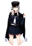  1girl absurdres blame! blame_gakuen! blue_eyes breasts cibo cloak commentary_request hat highres kneeling long_hair looking_at_viewer medium_breasts pale_skin photoshop_(medium) sakuma_tsukasa school_uniform silver_hair skirt smile socks solo white_hair 