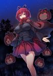 bangs bare_legs black_shirt blue_bow blush bow breasts cape commentary_request disembodied_head floating from_below glowing glowing_eyes hair_bow highres large_breasts long_sleeves looking_at_viewer night night_sky outdoors purple_eyes red_cape red_eyes red_hair red_skirt ribbon_trim sekibanki shirt short_hair skirt sky star_(sky) starry_sky thighs touhou tousen yukkuri_shiteitte_ne 