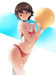  :o arched_back ball bangs bare_shoulders beachball bikini blue_background blush brown_eyes brown_hair chestnut_mouth cleavage_cutout collarbone eyebrows_visible_through_hair fingernails flat_chest girls_und_panzer groin hair_between_eyes highres isobe_noriko looking_at_viewer navel raised_eyebrows red_bikini sasaki_tatsuya shiny shiny_hair short_hair solo standing stomach swimsuit thighs wet white_background 