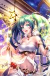  armlet blush bracelet breasts collarbone commentary_request green_eyes green_hair hatsune_miku jewelry long_hair looking_at_viewer medium_breasts musical_note navel number_tattoo open_mouth sky solo star strapless tattoo tubetop twintails uni_(uniuni5) very_long_hair vocaloid 