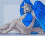  2017 4_toes 5_fingers anthro areola black_nose blue_background blue_eyes blue_fur blue_hair breasts canine collar feathers female fur grey_fur grey_hair hair hybrid looking_at_viewer mammal marjani multicolored_fur nipples nude pose side_view simple_background solo toes two_tone_fur wings wolf 