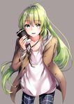  :d androgynous arm_behind_back bangs black_pants blush brown_coat casual coat collarbone cowboy_shot cup disposable_cup enkidu_(fate/strange_fake) eyebrows_visible_through_hair fate/strange_fake fate_(series) glint green_eyes green_hair grey_background hane_yuki highres holding holding_cup long_hair long_sleeves male_focus open_clothes open_coat open_mouth otoko_no_ko pants shirt simple_background smile standing unbuttoned very_long_hair white_shirt 