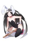  androgynous animal_ears black_hair black_leotard bort bunny_ears bunny_tail bunnysuit debutya_aki detached_collar fake_animal_ears hand_on_hip highres holding holding_weapon houseki_no_kuni leotard long_hair looking_at_viewer sheath sheathed shiny shiny_hair solo strapless strapless_leotard tail thighhighs very_long_hair weapon wrist_cuffs 