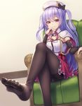  aiguillette ajax_(azur_lane) armchair asisuki azur_lane bangs beret black_legwear blush breasts capelet chair closed_mouth commentary crossed_legs elbow_gloves eyebrows_visible_through_hair feet gloves hat highres indoors knee_up long_hair looking_at_viewer military military_uniform pantyhose purple_eyes purple_hair red_skirt remodel_(azur_lane) skirt small_breasts smile soles solo thighband_pantyhose thighs toes tsurime two_side_up uniform white_capelet 