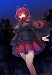  bangs bare_legs black_shirt blue_bow blush bow breasts cape eyebrows_visible_through_hair from_below hair_bow highres large_breasts long_sleeves looking_at_viewer night night_sky outdoors purple_eyes red_cape red_eyes red_hair red_skirt ribbon_trim sekibanki shirt short_hair skirt sky solo star_(sky) starry_sky thighs touhou tousen 