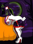  anthro bent_over big_breasts bioluminescence breasts clothing female garter glowing halloween holidays huge_breasts looking_back nurse nurse_uniform qhala reptile scalie snake solo thick_thighs tight_clothing uniform voluptuous zeromccall 