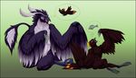  2017 ambiguous_gender anthro avian beak bird blue_eyes digital_media_(artwork) duo eating eyes_closed feathers fish food green_background grey_scales kneeling licking licking_lips marine open_mouth purple_feathers red_feathers scales silvergrin simple_background sitting size_difference talons thought_bubble tongue tongue_out watermark white_feathers yellow_feathers 