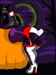  anthro bent_over big_breasts bioluminescence breasts clothed clothing female garter glowing halloween hat holidays huge_breasts looking_back nipples qhala reptile scalie snake solo thick_thighs topless underwear voluptuous zeromccall 