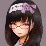  black_hair blush fate/grand_order fate_(series) fou_zi glasses hair_ribbon hairband long_hair looking_at_viewer osakabe-hime_(fate/grand_order) portrait purple_eyes red-framed_eyewear ribbon smile solo 