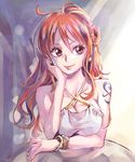  arm_tattoo blue_eyes bracelet breasts chin_rest cleavage commentary_request criss-cross_halter dress earrings halterneck himerinco jewelry large_breasts lips long_hair nami_(one_piece) one_piece side_bun smile solo strap_gap tattoo 
