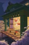  animal aquarium balcony blue_sky cherry_blossoms city fish geisha japanese_clothes kimono koi multiple_girls night original outdoors oversized_animal portcat_(deronenene) railing scenery shrine sitting sky torii 