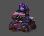  anthro armor balls big_breasts blush boots breasts clothed clothing dickgirl erection fish footwear hair humanoid_penis intersex jayecho kneeling makeup marine mascara overweight penis purple_eyes purple_hair shark slightly_chubby smile solo technology tight_clothing torn_clothing 