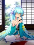  aqua_hair bare_shoulders blurry breast_hold breasts cleavage closed_mouth depth_of_field eyebrows_visible_through_hair fate/grand_order fate_(series) hair_between_eyes hair_ornament horns indoors japanese_clothes kazuma_muramasa kimono kiyohime_(fate/grand_order) lips long_hair long_sleeves medium_breasts obi off_shoulder sash side_slit sitting smile solo tatami thighhighs very_long_hair white_legwear wide_sleeves yellow_eyes 