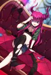  :d asymmetrical_horns black_bra black_legwear black_panties blue_eyes box bra bra_removed bracelet breasts condom_wrapper couch crossed_legs curled_horns elizabeth_bathory_(fate) elizabeth_bathory_(fate)_(all) fang fate/grand_order fate_(series) high_heels jacket jewelry long_hair looking_at_viewer open_mouth panties panties_removed pink_hair pointy_ears shorts single_thighhigh sitting small_breasts smile smile_(mm-l) solo thighhighs thighhighs_removed torn_clothes torn_legwear torn_shorts underwear 