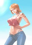  alone bare_shoulders breasts cleavage crop_top curvy female hand_on_waist jeans large_breasts matching_hair/eyes nami_(one_piece) navel one_piece orange_eyes orange_hair pants short_hair solo standing stomach tattoo thighs thong 