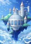  arch battlement bird blue_sky bridge castle cloud cloudy_sky commentary_request day dome dragon fantasy floating_castle floating_island flock highres no_humans outdoors pixiv_fantasia pixiv_fantasia_t plant sachi_(yumemayoi) scenery sky statue tower vines window 