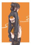  ass black_hair breasts cowboy_shot fangxiang_cuoluan folded_ponytail from_behind japanese_clothes long_sleeves orange_background original sidelocks small_breasts solo thighhighs thighs wide_sleeves 