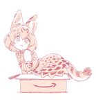  :3 all_fours animal_ears bangs bare_shoulders bow bowtie box closed_mouth commentary elbow_gloves eyebrows_visible_through_hair from_side gloves in_box in_container kemono_friends looking_at_viewer mitsumoto_jouji monochrome serval_(kemono_friends) serval_ears serval_print serval_tail shirt short_hair simple_background skirt sleeveless sleeveless_shirt solo tail white_background 