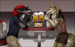  alcohol amber_eyes anthro bar beer beverage canine clothing fur hair male mammal multicolored_fur red_eyes red_hair sergal silvergrin smile wolf 