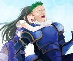  1boy 1girl aira_(fire_emblem) arden_(fire_emblem) armor black_hair eyes_closed fire_emblem fire_emblem:_seisen_no_keifu gloves hug hug_from_behind kaito_(sawayakasawaday) long_hair open_mouth smile 