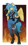  2017 anthro axe blue_hair clothed clothing cosplay equine fan_character feathered_wings feathers female fully_clothed hair holding_object holding_weapon mammal melee_weapon my_little_pony pegasus purple_eyes pyro_(team_fortress_2) ranged_weapon smile solo team_fortress_2 valve video_games weapon wings zwitterkitsune 