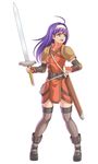  :d ahoge belt boots elbow_pads fingerless_gloves fire_emblem fire_emblem:_akatsuki_no_megami fire_emblem:_souen_no_kiseki gloves green_eyes hairband headband long_hair open_mouth purple_hair rere_(yusuke) shoulder_armor simple_background smile solo spaulders sword thighhighs wayu_(fire_emblem) weapon white_background white_hairband 