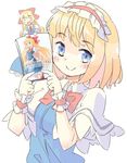  alice_margatroid apron arnest blonde_hair blue_dress blue_eyes book book_focus bow capelet closed_eyes collared_shirt dress eyebrows_visible_through_hair frilled_cuffs frilled_dress frilled_hairband frills hair_bow hairband holding holding_book long_sleeves looking_at_viewer manga_(object) open_mouth pink_hairband puffy_long_sleeves puffy_sleeves self-promotion shanghai_doll shiny shiny_hair shirt simple_background smile solo touhou upper_body waist_apron white_background white_capelet wrist_cuffs 