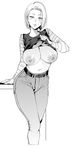  android_18 areolae azukiko belt breasts cropped_legs dragon_ball dragon_ball_z greyscale large_areolae large_breasts long_sleeves looking_at_viewer monochrome navel nipples pants parted_lips shirt_lift short_hair solo 