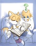  2010 ? anthro book canine chao cheek_tuft chest_tuft chibi-jen-hen clothing drooling duo eyes_closed footwear fox fur gloves inside male mammal miles_prower mostly_nude multi_tail open_mouth orange_fur pillow saliva shoes signature sitting sleeping sofa sonic_(series) tuft white_fur 