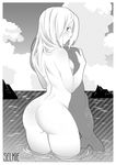  ass blush breasts character_name closed_mouth cloud cloudy_sky cowboy_shot day dimples_of_venus from_behind greyscale halftone highres holding_clothes iwbitu-sa long_hair looking_at_viewer looking_back medium_breasts monochrome monster_girl_encyclopedia ocean outdoors rock selkie_(monster_girl_encyclopedia) sky solo source_request standing wading 